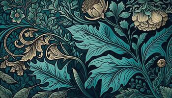 generativo ai, floral cerceta, verde azul padronizar. William Morris inspirado natural plantas e flores fundo, vintage ilustração. folhagem ornamento. foto