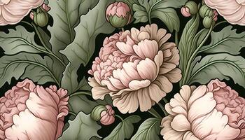 generativo ai, floral colorida padronizar. William Morris inspirado natural plantas e Rosa peônia flores fundo, vintage ilustração. folhagem ornamento. foto