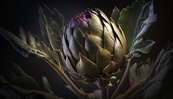 generativo ai, Alcachofra macro fotorrealista ilustração, agrícola vegetal. natureza orgânico saudável Fazenda Comida conceito, Sombrio estúdio fundo. foto