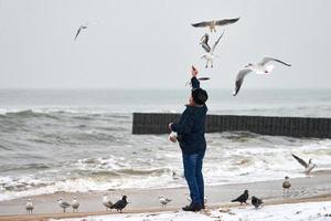 velho alimentando pássaros no mar no inverno foto