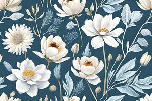 aguarela empoeirado azul e branco flores pintura arte. fundo e padronizar textura papel de parede. foto