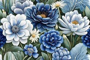 aguarela empoeirado azul e branco flores pintura arte. fundo e padronizar textura papel de parede. foto