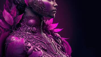 generativo ai, futurista fêmea face e vestir dentro magenta cor, elétrico moda estilo. lustroso Rosa roupas, 3d efeito, moderno macro detalhado fotorrealista abstrato fundo ilustração. foto