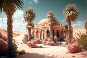 deserto oásis com mesquita e Palma árvores, papel de parede, ai gerado foto