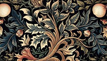 generativo ai, floral colorida padronizar. William Morris inspirado natural plantas e flores fundo, vintage ilustração. folhagem ornamento. foto