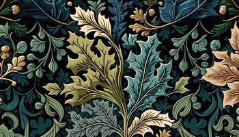 generativo ai, floral colorida padronizar. William Morris inspirado natural plantas e flores fundo, vintage ilustração. folhagem ornamento. foto