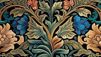 generativo ai, floral colorida padronizar. William Morris inspirado natural plantas e flores fundo, vintage ilustração. folhagem ornamento. foto