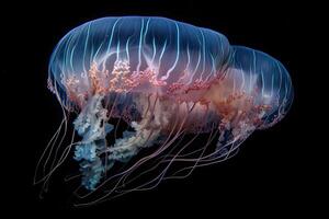 medusa flutuando debaixo água dentro a mar, fechar acima. animais selvagens dentro oceano. criada com generativo ai foto