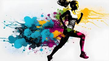 uma mulher correu com bolhas, e spray pintura no meio uma respingo do vibrante círculos. generativo ai. foto