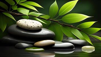 natural spa ilustração Projeto com bambu verde folhas e zen pedras. generativo ai. foto