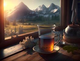 manhã chá com uma visualizar, desfrutando uma copo do quente chá com uma montanha panorama através a janela, ai gerado foto