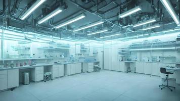 futurista moderno interior limpar \ limpo moderno laboratório com néon luz, generativo arte de ai foto
