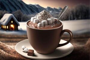 quente chocolate com marshmallow dentro copo em inverno estação fundo. ai gerado foto