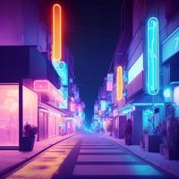 cidade rua às noite com néon luz, generativo arte de ai foto