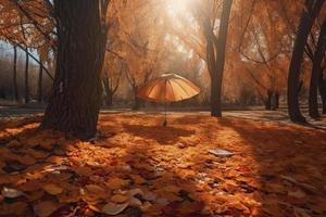 lindo outono fundo panorama. tapete do caído laranja outono folhas dentro parque e azul guarda-chuva. folhas mosca dentro vento dentro luz solar. conceito do dourado outono foto
