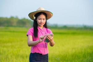 ásia fêmea agricultor segurando tábua caminhando dentro arroz campo para loja em formação foto