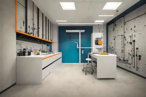 futurista interior Projeto pesquisa laboratório quarto com néon luz, generativo arte de ai foto