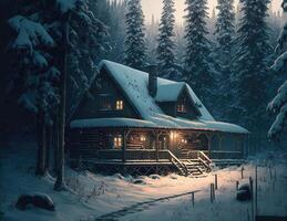 ai gerado acolhedor cabine dentro a grande bosques, inverno Nevado cena. foto