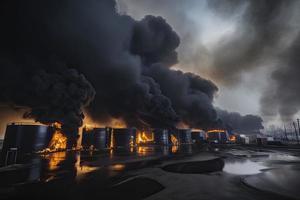 óleo armazenamento fogo. a tanque Fazenda é queimando, Preto fumaça foto