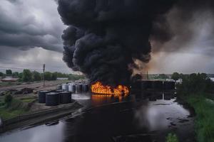 óleo armazenamento fogo. a tanque Fazenda é queimando, Preto fumaça foto