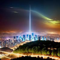 futurista cidade às noite com luz dentro a céu, generativo arte de ai foto