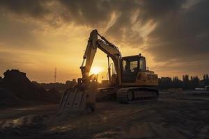 escavadora dentro construção local em pôr do sol céu foto