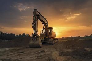 escavadora dentro construção local em pôr do sol céu foto