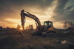 escavadora dentro construção local em pôr do sol céu foto