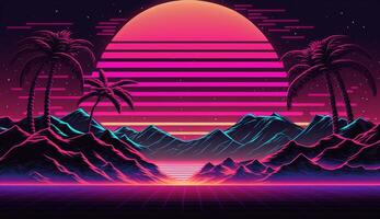 generativo ai, retro estilo, nostálgico anos 80, anos 90. noite paisagem, pôr do sol cores, ficção científica, retrowave vintage ilustração. sol, montanhas, estrada e árvores digital retro cyber superfície. foto