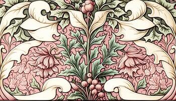 generativo ai, floral colorida padronizar. William Morris inspirado natural plantas e luz Rosa flores fundo, vintage ilustração. folhagem ornamento. foto