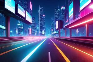 futurista moderno futuro cidade com rodovia estrada às noite, generativo arte de ai