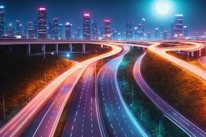 futurista moderno futuro cidade com rodovia estrada às noite, generativo arte de ai