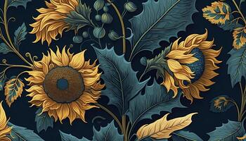 generativo ai, floral colorida padronizar. William Morris inspirado natural plantas e girassóis fundo, vintage ilustração. folhagem ucraniano ornamento. foto