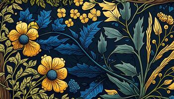 generativo ai, floral amarelo, azul, verde cores padronizar. William Morris inspirado natural plantas e flores fundo, vintage ilustração. folhagem ornamento. foto