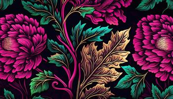 generativo ai, floral padronizar. William Morris inspirado natural plantas e Viva magenta flores fundo, vintage ilustração. folhagem ornamento. foto