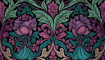 generativo ai, floral padronizar. William Morris inspirado natural plantas e Viva magenta flores fundo, vintage ilustração. folhagem ornamento. foto