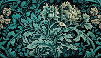 generativo ai, floral cerceta, verde azul padronizar. William Morris inspirado natural plantas e flores fundo, vintage ilustração. folhagem ornamento. foto
