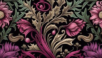 generativo ai, floral padronizar. William Morris inspirado natural plantas e Viva magenta flores fundo, vintage ilustração. folhagem ornamento. foto