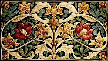 generativo ai, floral colorida islâmico árabe padronizar. William Morris inspirado natural plantas e flores fundo, vintage ilustração. folhagem ornamento. foto