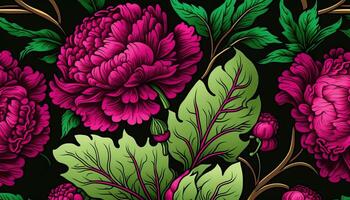 generativo ai, floral padronizar. William Morris inspirado natural plantas e Viva magenta peônia flores fundo, vintage ilustração. folhagem ornamento. foto