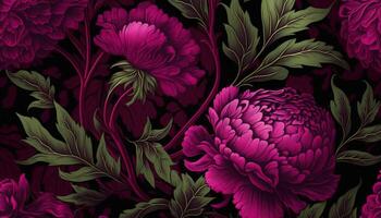 generativo ai, floral padronizar. William Morris inspirado natural plantas e Viva magenta peônia flores fundo, vintage ilustração. folhagem ornamento. foto