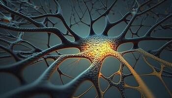 generativo ai, conceptual ilustração do neurônio células com brilhando ligação nós dentro abstrato Sombrio espaço, Alto resolução. humano nervoso sistema, neural rede foto