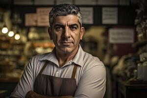 retrato do pequeno o negócio proprietário. Tiros na Cabeça do homem olhando às Câmera com fazer compras Como fundo. criada com generativo ai foto