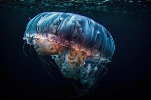 medusa flutuando debaixo água dentro a mar, fechar acima. animais selvagens dentro oceano. criada com generativo ai foto