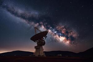 rádio telescópio às estrelado noite com leitoso caminho galáxia. antena para do espaço sinais pesquisar. espaço observatório. criada com generativo ai foto