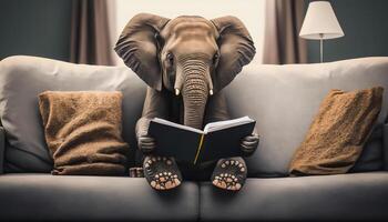 elefante lendo livro em sofá, Aprendendo e saber conceito, generativo ai foto