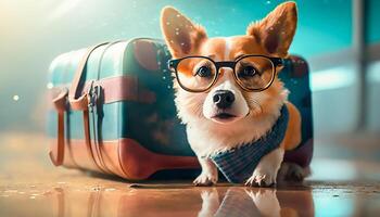 cachorro vestindo Sol óculos com bagagem para viagem, generativo ai foto