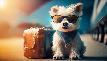 cachorro vestindo Sol óculos com bagagem para viagem, generativo ai foto