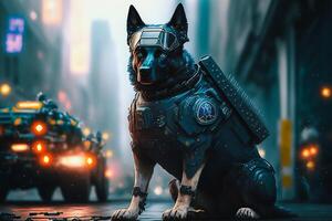 cachorro polícia robô dentro cidade, futurista, generativo ai foto