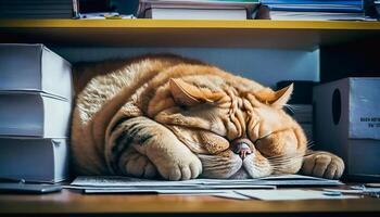 muito cansado gordo gato dorme em a arquivos dentro a escritório, generativo ai foto